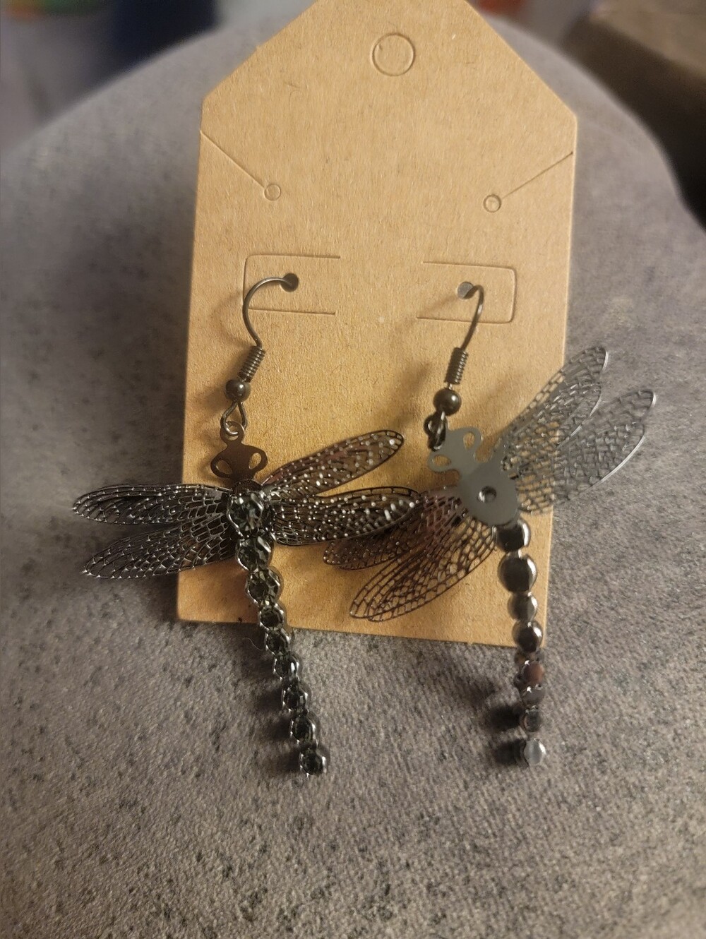 Handcrafted Antique Silver Dragonfly Dangle Earrings - Picture 2 of 4